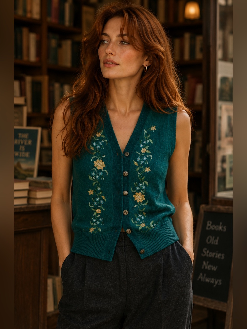 Susan Bristol Teal Green Embroidered V-Neck Sweater Vest